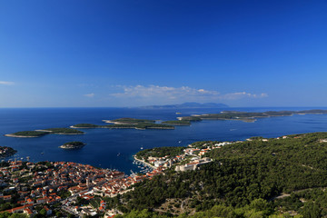 Fototapeta na wymiar Paklinski Islands and Hvar city, view from Napoleon fortress in Hvar island, Croatia