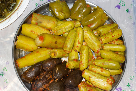 Arabic cuisine, Arabic traditional dish {Mahshy) or (Dolma). Stuffed Zucchini, eggplant - Image
