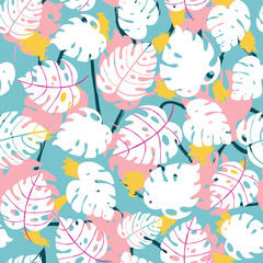 Seamless pattern with exotics tropical leaves and plants with abstract hand drawn ornament on happy colourful backdrop. Creative foliage floral background. Summer illustration.