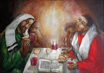 Supper at Emmaus by Sieger Koder, detail of altar in Chapel in Oberstaufen, Germany