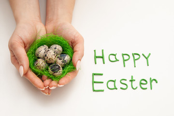 hands of a woman holding a nest with quail eggs on a white background, Easter holiday