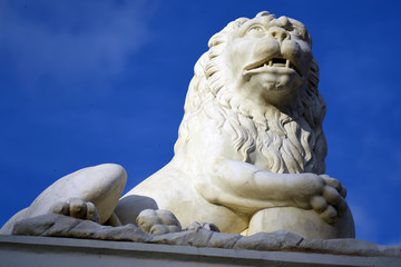 Fototapeta premium Statue of a lion. Architecture of Archangelskoye public park in Moscow region, Russia. 