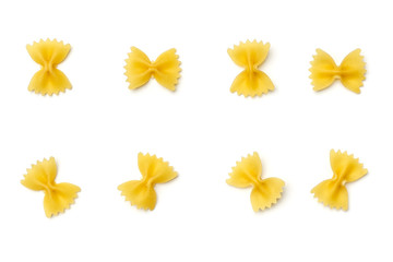 Farfalle pasta isolated on white. Top view