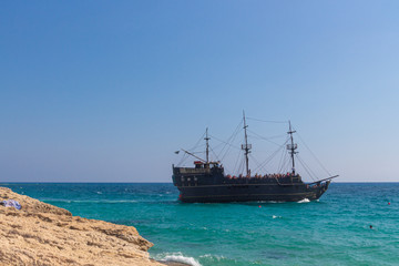Fototapeta na wymiar Ayia Napa, Cyprus - September 11, 2019: Tourist ship 