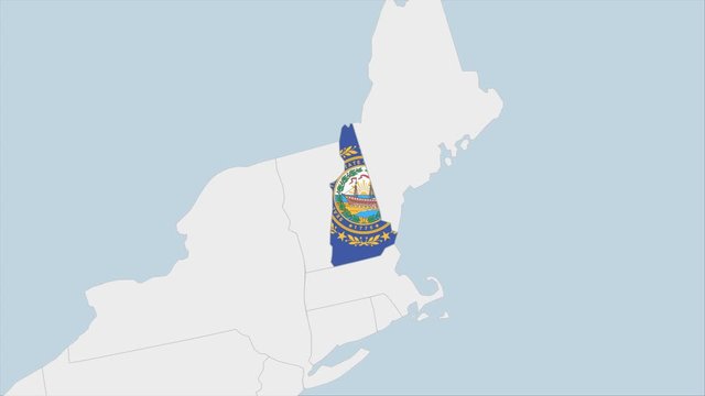 US State New Hampshire map highlighted in New Hampshire flag colors and pin of country capital Concord.