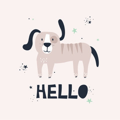 Hand drawn illustration, dog and english text. Colorful background vector. Poster design with animal, Hello. Decorative backdrop, good for printing
