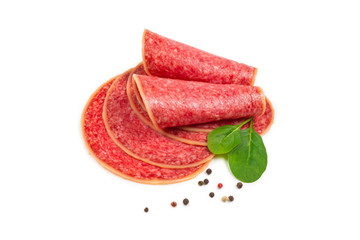 Salami slices isolated on white background.