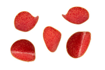 Falling salami isolated on white background.