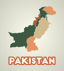 Pakistan poster in retro style. Map of the country with regions in autumn color palette. Shape of Pakistan with country name. Classy vector illustration.