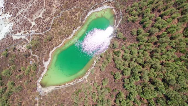 High-angle of green lake in the center of brown land in forest