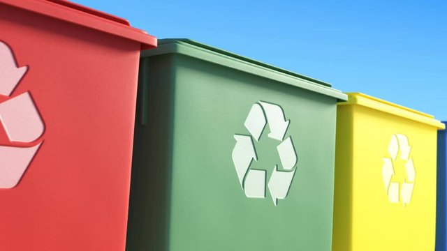 Colorful garbage bins with recycle logo, dedicated for separate collection of rubbish. Concept of a clean environment. Looped animation.