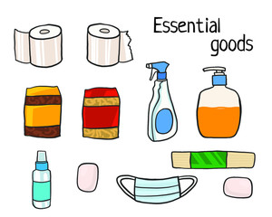 vector illustration of essential goods, purchase of goods in quarantine in an epidemic. important products for survival and fighting the virus epidemic