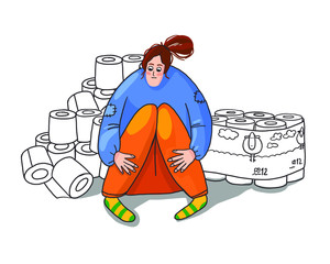 vector illustration of a comic caricature of the current situation with the epidemic. About people buying everything they need for quarantine. toilet paper warehouse