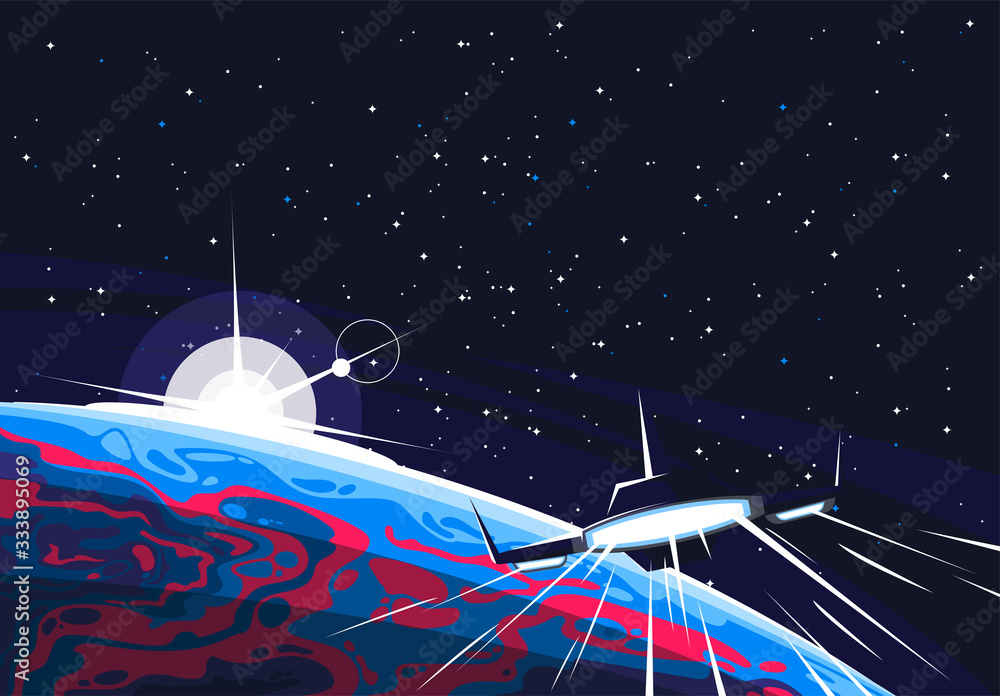 Poster vector illustration of a part of an unknown planet in the foreground, against the background of spac