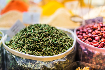 Spices and herbs on the arab street market stall