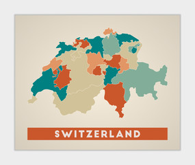 Switzerland poster. Map of the country with colorful regions. Shape of Switzerland with country name. Creative vector illustration.