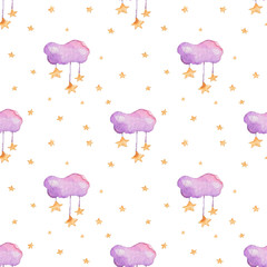 Children seamless pattern with pink clouds and stars in sky on white background. Hand drawn watercolor illustration