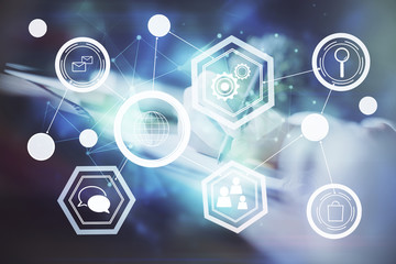 Social network theme hologram over woman's hands writing background. Concept of international people connect. Double exposure