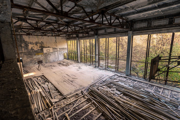 Abandoned gymnasium in school in Pripyat near Chernobyl in Ukraine
