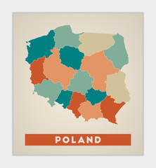 Poland poster. Map of the country with colorful regions. Shape of Poland with country name. Trendy vector illustration.