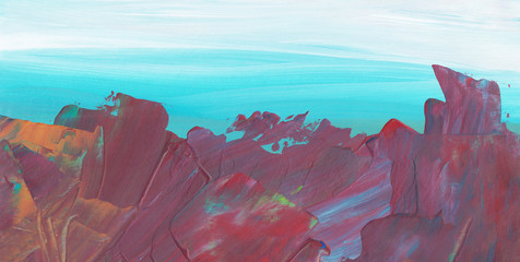 Abstract landscape painting. Dark pink, white and blue textured background. Contemporary art, brush strokes on paper.