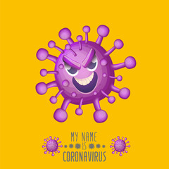 vector covid-19 virus novel coronavirus 2019-nCoV cartoon character isolated on orange background. My name is coronavirus concept iilustration. Violet virus cell microbe icon.