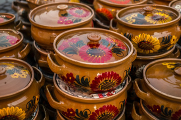 Traditional Romanian handmade ceramics market at the potters fair from Sibiu, Romania