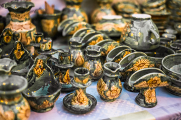 Traditional Romanian handmade ceramics market at the potters fair from Sibiu, Romania