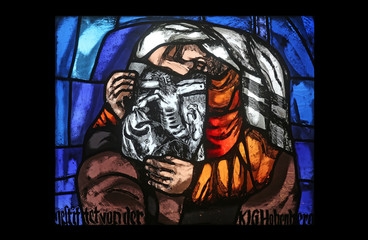 My God, My God, detail of stained glass window by Sieger Koder in St. James church in Hohenberg,...
