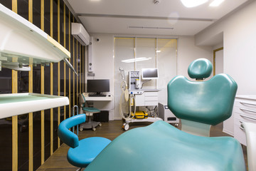 View on children dentist chair in modern well equipped room