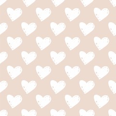 Tile vector pattern with white hand-drawn hearts and polka dots on pastel background