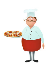 Cute isolated chef cook with mustache with a delicious pizza on the plate. vector character design