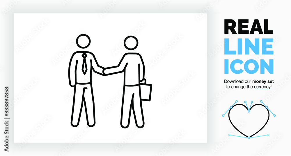 Wall mural editable real line icon of two stick figure businessman shaking hands to close a deal in a suit with