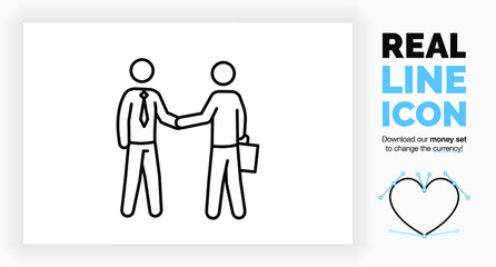Editable real line icon of two stick figure businessman shaking hands to close a deal in a suit with a suitcase in full body view in modern black lines on a clean white background as a eps vector file
