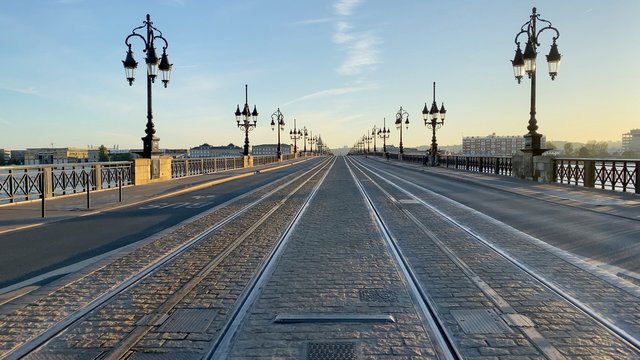 Bordeaux, France - March 2020 : Deserted Pont de Pierre bridge after the lockdown requested by the Macron government
