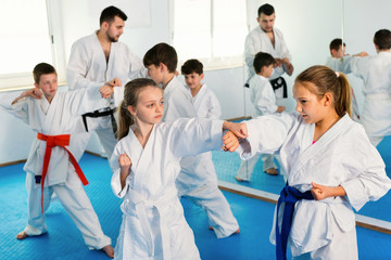 Fototapeta na wymiar Teenagers practicing new karate moves in pairs in class