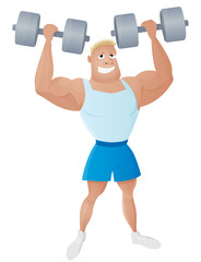 Fit strong and healthy man weightlifter with a dumbbells in the muscular hands. Smiling sportsman bodybuilder character design. Athlete isolated vector illustration. 