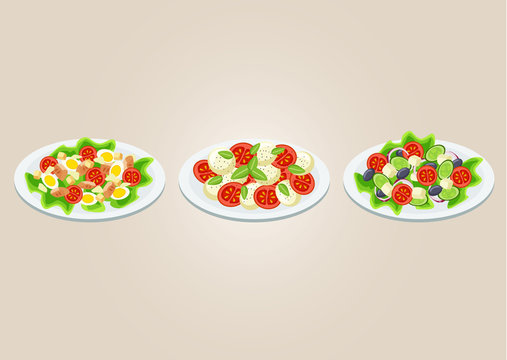 Classic Set Of Three Fresh And Tasty Green Salads : Caesar, Caprese, Greek On A White Plates Isolated With A Background. Vector Food Illustration Cartoon Style