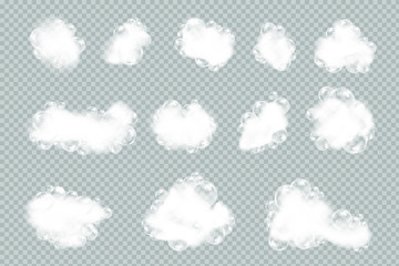 Fototapeta premium Bath foam isolated on transparent background. Shampoo bubbles texture.Sparkling shampoo and bath lather vector illustration.