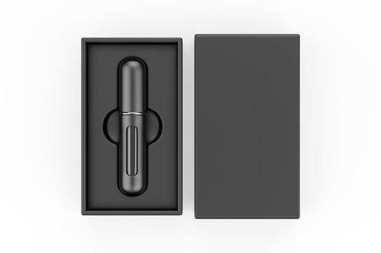 Blank Refillable Aluminum Atomizer With Hard Paper Box Packaging For Branding, 3d render illustration.
