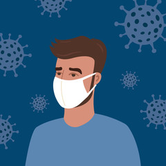 Coronavirus, covid-19. Man in white face mask. Virus on background. Vector illustration. 