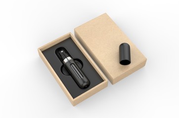 Blank Refillable Aluminum Atomizer With Hard Paper Box Packaging For Branding, 3d render illustration.