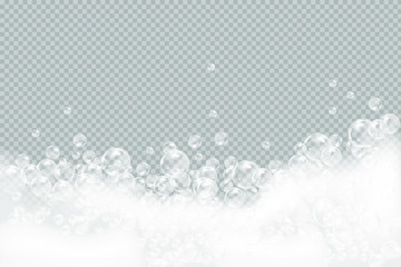 Bath foam isolated on transparent background. Shampoo bubbles texture.Sparkling shampoo and bath lather vector illustration.