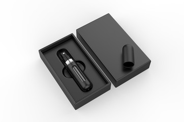 Blank Refillable Aluminum Atomizer With Hard Paper Box Packaging For Branding, 3d render illustration.