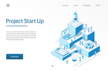 Project Start Up. Business people teamwork. Success startup modern isometric line illustration. Development process, innovation product, rocket launch vector icon. Growth step infographic concept. - obrazy, fototapety, plakaty