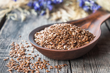 Flax seeds in a spoon on a wooden table.