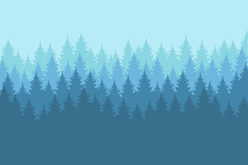 Vector misty forest landscape with detailed blue silhouettes of coniferous trees - seamless pattern