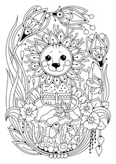 Coloring page with the image of a cute lion on the background of a floral ornament. The illustration for your hobby - coloring pictures. It can be used as a tattoo or as a print on textiles.