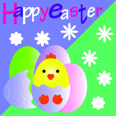Happy easter eggs with chicken and flowers