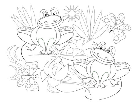 Black and white page for baby coloring book. Illustration of two cute frogs in a swamp with water lilies. Printable template for kids. Worksheet for children and adults. Hand-drawn vector image.